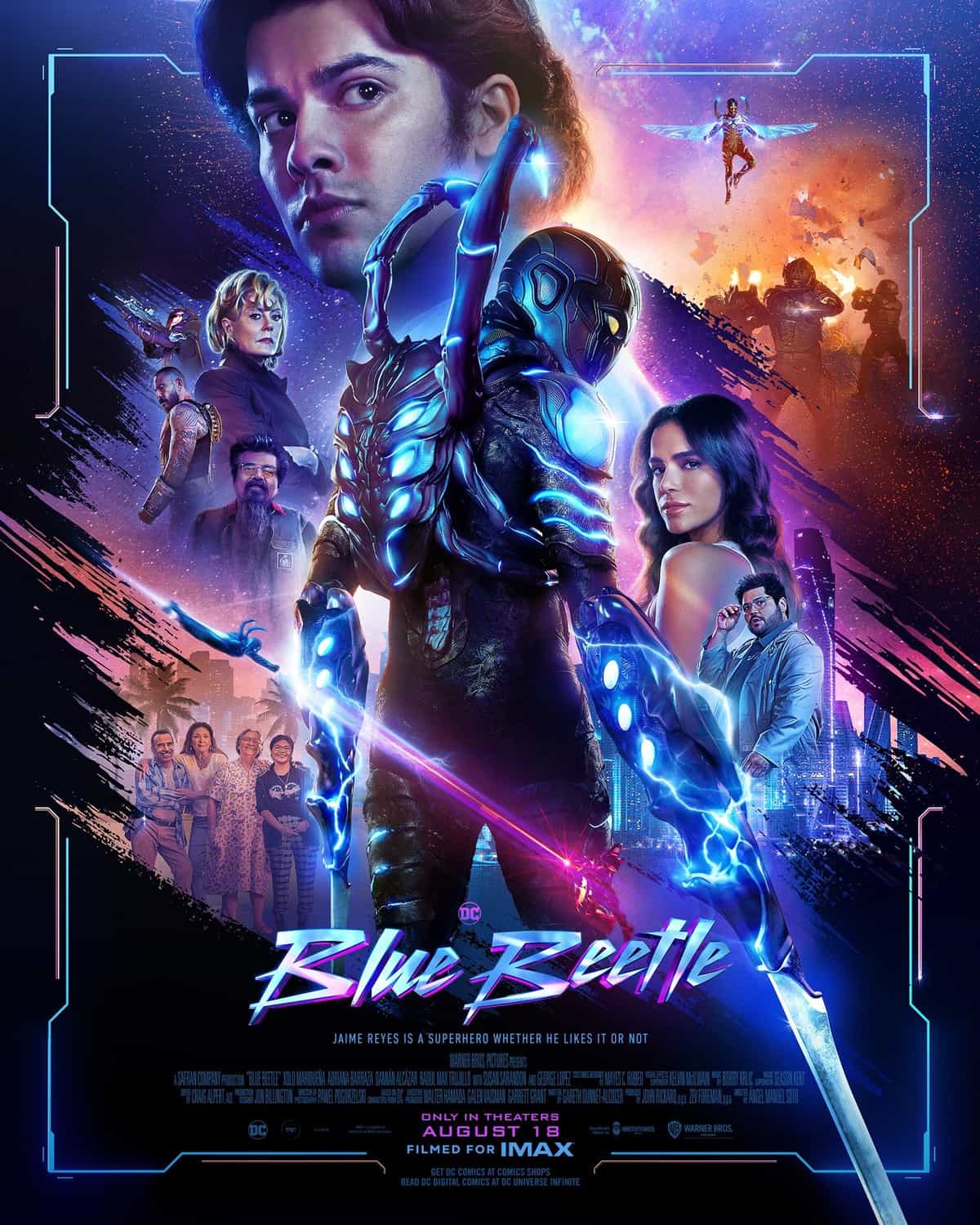 New poster has been released for Blue Beetle which stars Xolo Mariduena and Bruna Marquezine - movie UK release date 18th August 2023 #bluebeetle