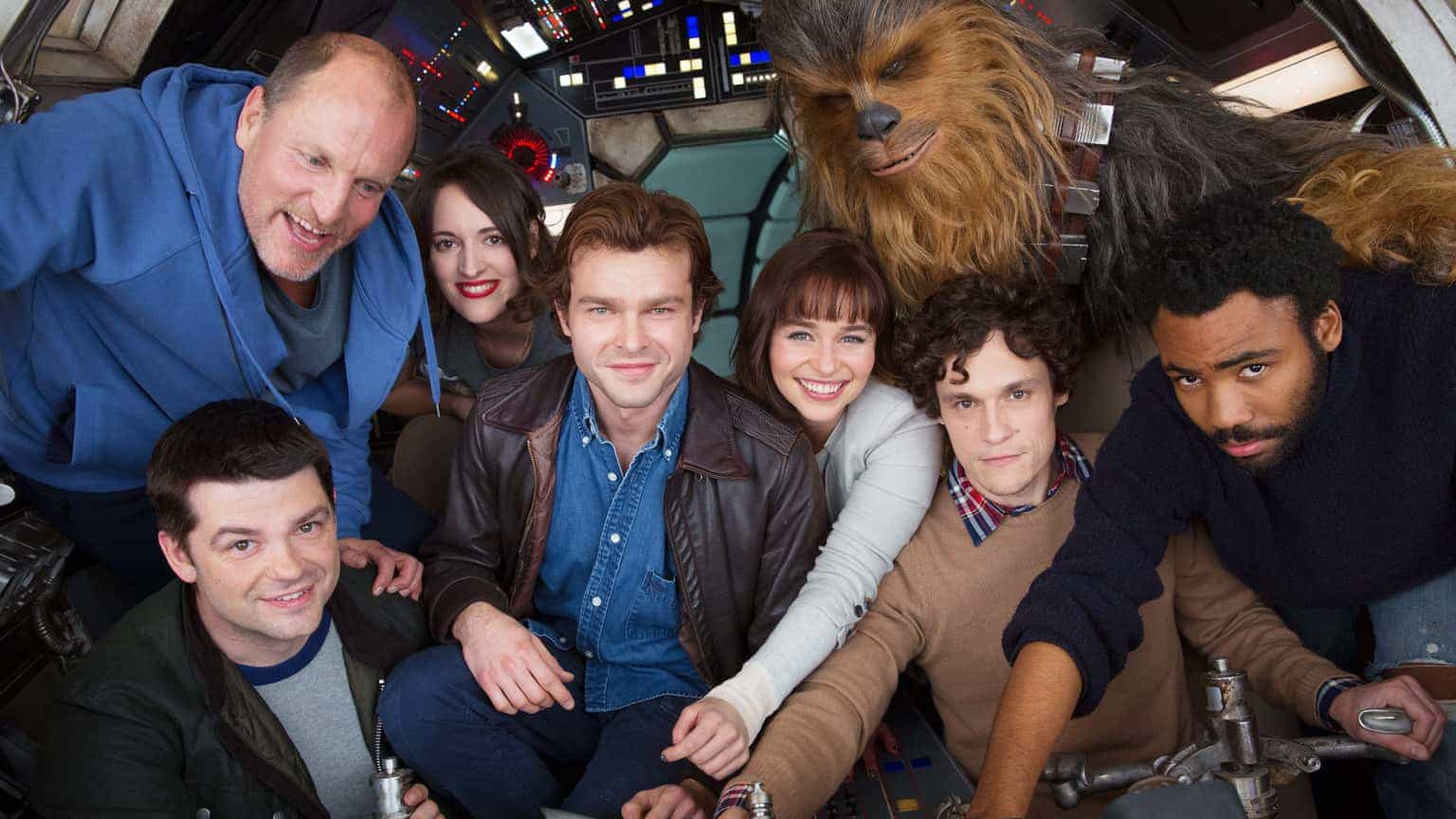 Han Solo cast post for a photo in the cockpit of the Millennium Falcon
